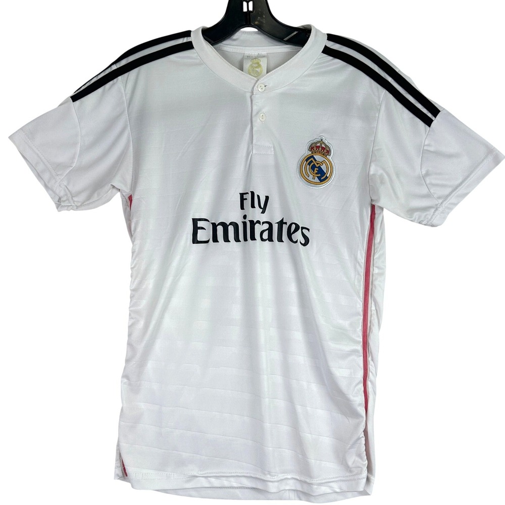Real Madrid Fly Emirates Soccer Jersey Mens S White Henley Sportswear Blokecore